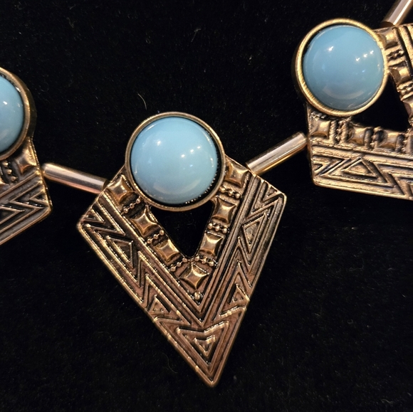 Gold and Blue Geometric Necklace - Picture 2 of 4